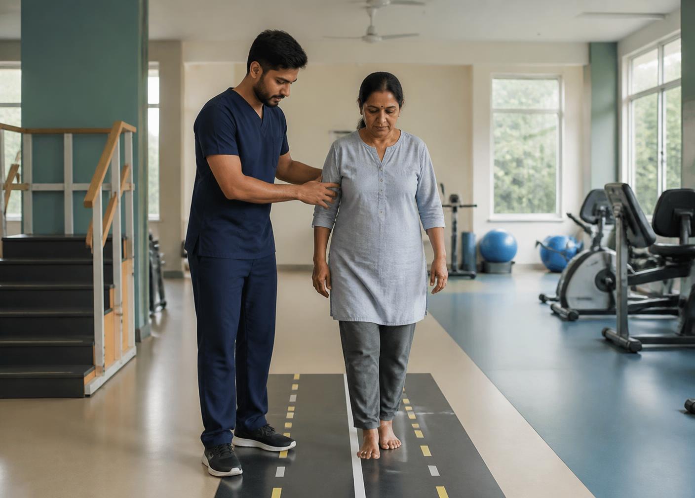 A physiotherapist guiding a woman through gait retraining along a marked walkway in a neuro rehabilitation gym